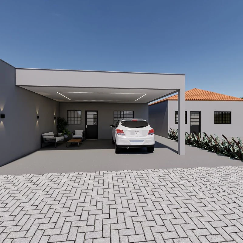 Garagem - expansão opcional do modelo 48,89 m² (perspectiva artística, não inclusa na entrega)