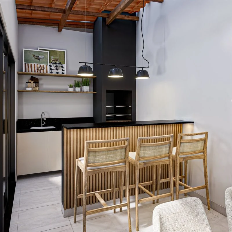Área gourmet - expansão opcional do modelo 52,10 m² (perspectiva artística, não inclusa na entrega)