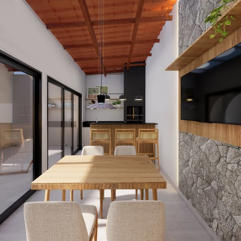 Área gourmet - expansão opcional do modelo 52,10 m² (perspectiva artística, não inclusa na entrega)